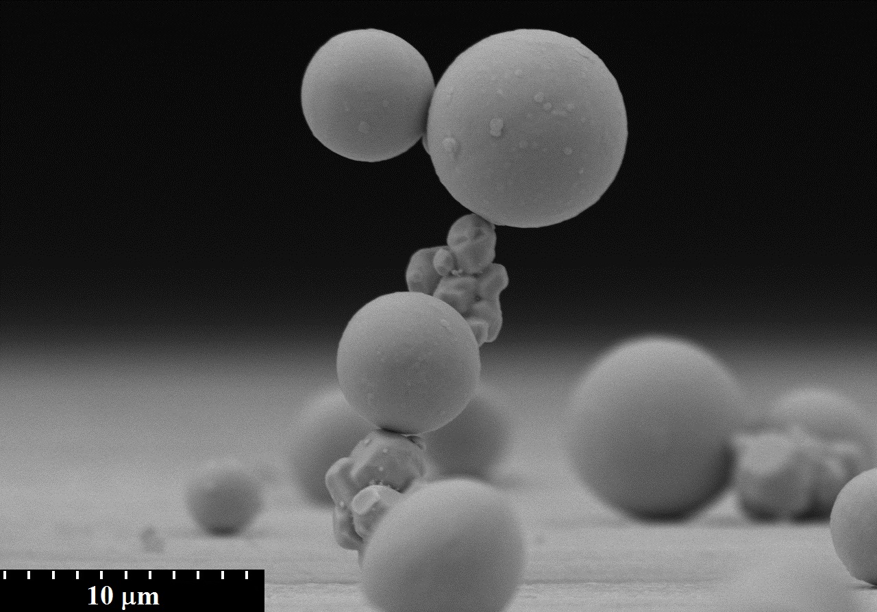 W spherical dust: at low sizes adhesion allows for unusual configuration